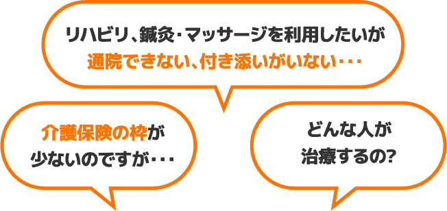 介護保険の枠が少ないのですが。リハビリ、鍼灸・マッサージを利用したいが通院できない、付き添いがいない。どんな人が治療するの?